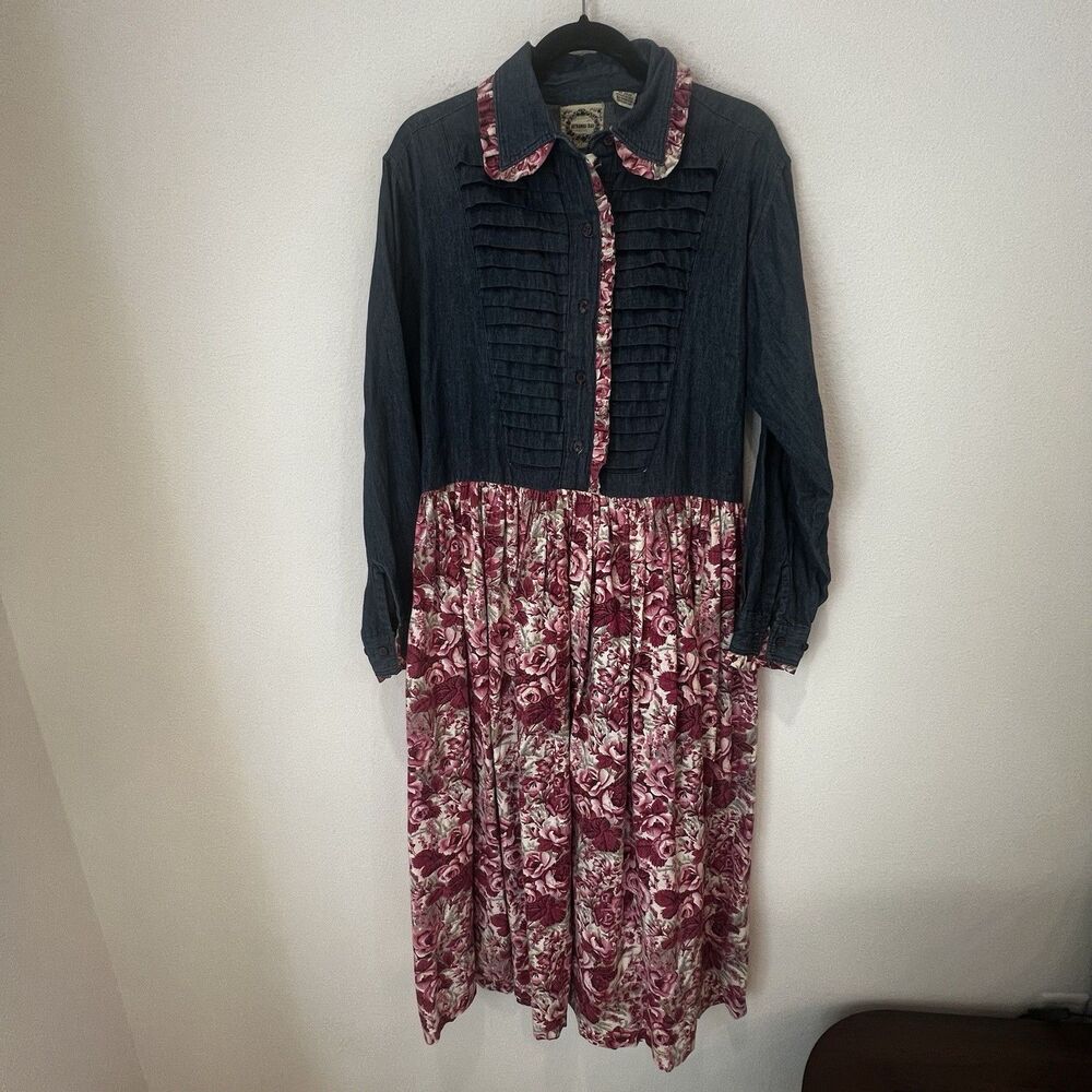 Vtg Runaway Bay Prairie Western Denim Floral Maxi Dress Country Cowgirl retro M